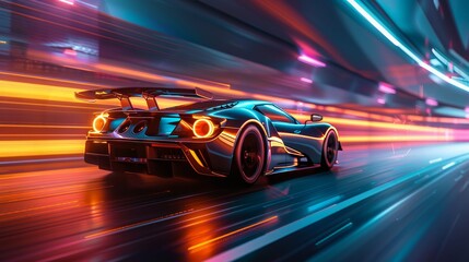 High-speed race car with neon lighting effects speeding on a futuristic track. 3D illustration of a sports car with vibrant light trails. Concept of speed, performance