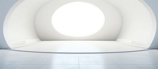 A spacious, minimalistic white room featuring a round window at the center, allowing natural light to filter through. The room is unadorned, with mock-up canvases on the walls and a circular entrance