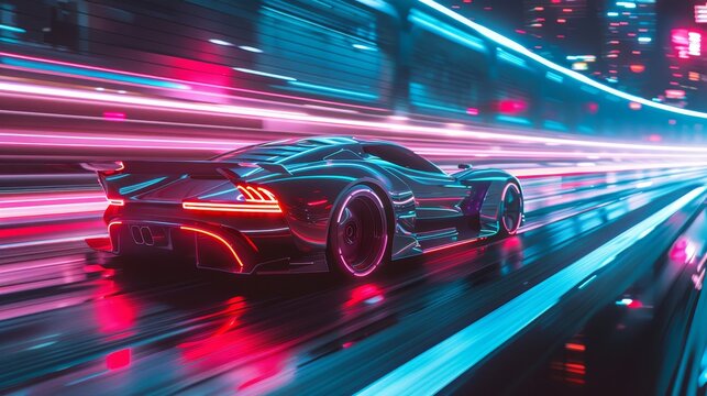 Futuristic hypercar speeding through neon-lit city. 3D illustration of a high-performance vehicle with light streaks. Urban racing and modern technology concept.