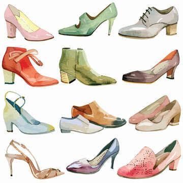 A collection of different types of shoes. watercolor