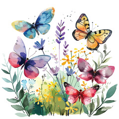 A colorful butterfly garden. watercolor clipart isolated