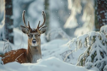 A picture of a wild deer in a forest, giant moose in the snowy jungle, snow falls, animals photography, AI Generated