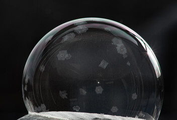 Winter collage. A transparent soap bubble freezing in the cold on a dark background. Tom 4
