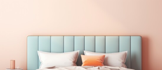 A bed with a stylish blue headboard and crisp white pillows, creating a modern and luxurious look in a trendy minimal interior. Suitable for hotel booking banners or showcasing household goods in a