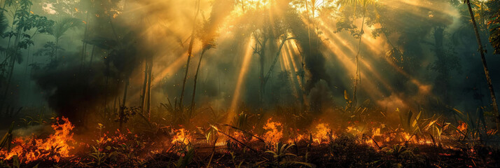  fire burn rainforest  the impact of climate change and global warming, - obrazy, fototapety, plakaty