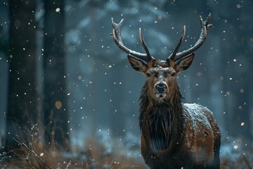 A picture of a wild deer in a forest, giant moose in the snowy jungle, snow falls, animals photography, AI Generated - obrazy, fototapety, plakaty