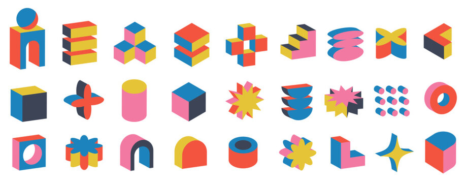 Set of volumetric geometric figures. Retro colorful shapes. Colorful Geometric Block flat y2k Illustrations. Abstract Vector
