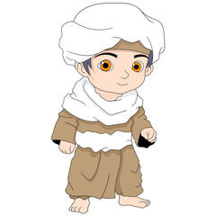 cartoon doodle illustration of religion, Muslim boy wearing a long robe