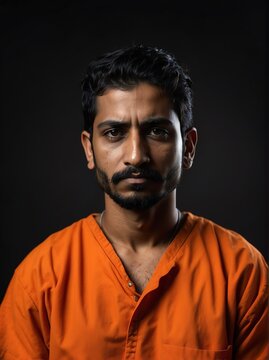 Portrait of a indian prisoner on orange jail uniform on plain black background looking at the camera from Generative AI