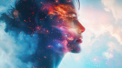 beautiful fantasy abstract portrait of a beautiful woman double exposure with a colorful digital paint splash or space nebula - obrazy, fototapety, plakaty
