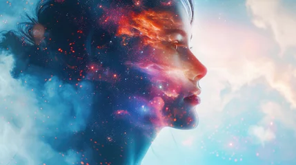 Foto op Canvas beautiful fantasy abstract portrait of a beautiful woman double exposure with a colorful digital paint splash or space nebula © Pixel Town