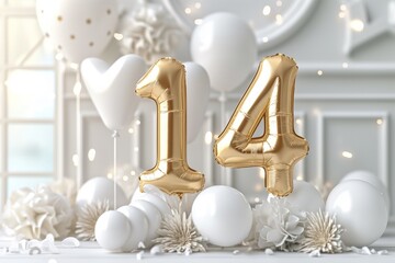 14. Hochzeitstag, 14. Hochzeitsjubiläum, Elfenbeinhochzeit, "14" aus goldenen Heliumballons vor festlichem Hintergrund