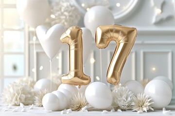17. Hochzeitstag, 17. Hochzeitsjubiläum, Orchideenhochzeit, "17" aus goldenen Heliumballons vor festlichem Hintergrund