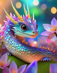 A Cute Smiling Baby Dragon With Colourful Wings Smelling The Flowers Fragrance