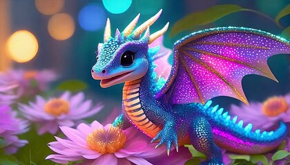 A Cute Smiling Baby Dragon With Colourful Wings Smelling The Flowers Fragrance