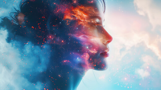 Beautiful Fantasy Abstract Portrait Of A Beautiful Woman Double Exposure With A Colorful Digital Paint Splash Or Space Nebula