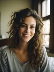 Portrait of a smiling jewish woman college university student on dormitory room looking at the camera from Generative AI