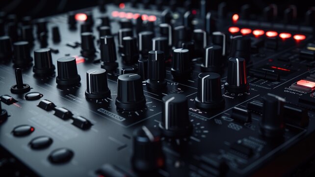 Close-up of a professional audio mixing console with illuminated controls
