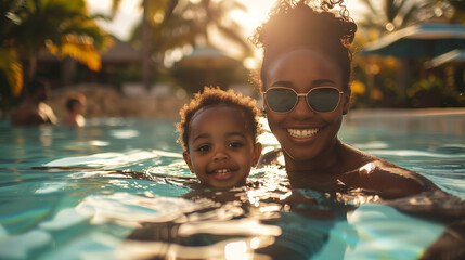Happy smiling black african american mother and daughter swimming on summer vacation holiday	
