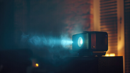 A retro-style projector casting a blue light in a moody, dark room, invoking a sense of nostalgia