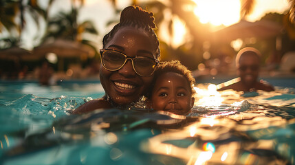 Happy smiling black african american mother and daughter swimming on summer vacation holiday	
 - obrazy, fototapety, plakaty
