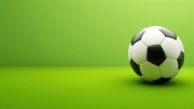 A traditional black and white soccer ball positioned on a striking green background with ample copy space