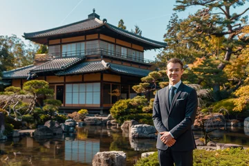 Foto op Canvas Real estate agent standing in front of a listed house that features a traditional Japanese tea garden. © saulo_arts