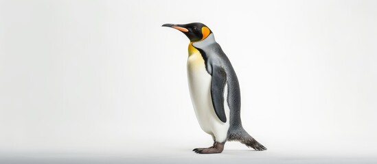 A king penguin, with distinctive orange markings on its head, stands majestically in a snowy landscape. The penguins black and white feathers contrast against the pristine white snow.