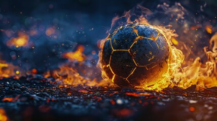 Soccer Ball in Flames on a Fiery Field Capturing the Intense Energy of Sports