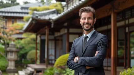 Foto op Canvas Real estate agent standing in front of a listed house that features a traditional Japanese tea garden. © saulo_arts