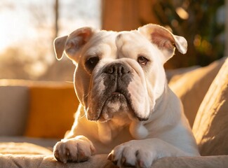 Bulldog lying in the couch, adorable puppy face closeup.