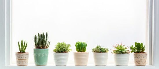 Fototapeta premium A line of green cactus and succulent plants arranged neatly on a windowsill, with a soft light background. These home plants add a touch of nature inside, creating a cozy atmosphere.