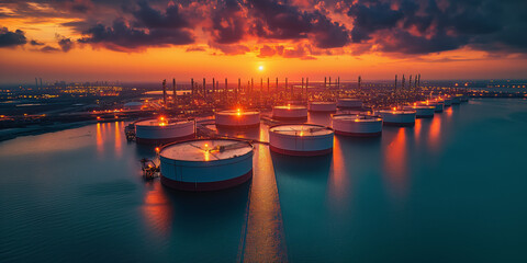 Aerial view of oil storage tanks and cargo ships docked at the port, sunset sky with orange clouds, sea level view of an industrial area.