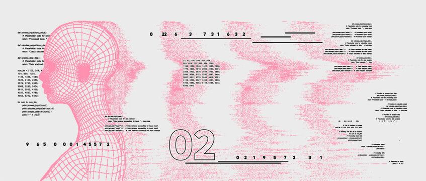 Artificial intelligence concept. Retro futuristic style, Dither wireframe woman low poly face, with grunge distorted waves profile. Vector background