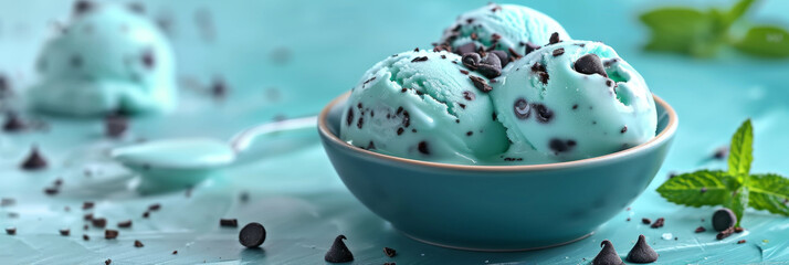 Mint chocolate chip ice cream with mint leaves and dark chocolate chips on blue background, ice cream on bowl