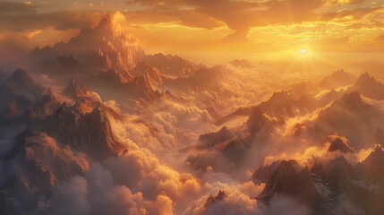 dawn's warm embrace on misty mountains