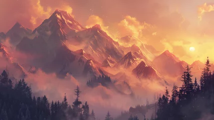 Fotobehang misty sunrise on mountain peaks © saulo_arts