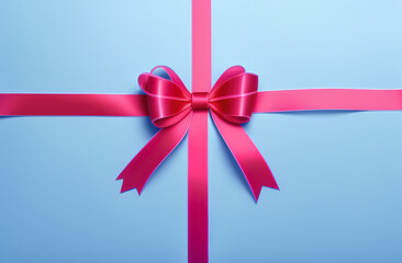 Pink bow on Blue Background, a Gift close-up, Wallpaper background, Splash Screen for Holiday or Present Package Design.