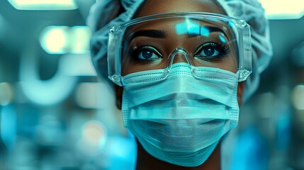 Close-up portrait of a doctor wearing safety glasses and a mask. Antiviral protection of medical personnel. Generative AI.