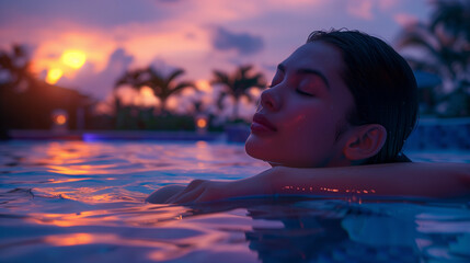 Beautiful Asian woman relaxing in swimming pool at sunset time.