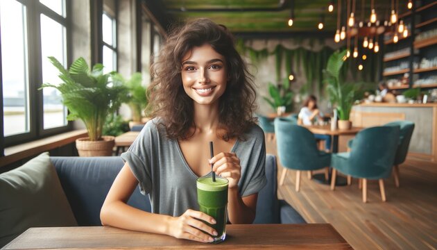 Smiling young woman drinking a healthy green smoothie in a modern cafe setting.