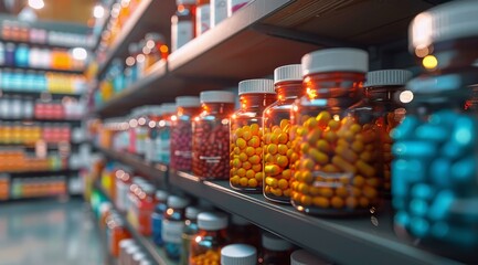 Fototapeta na wymiar Shelf Filled With Red and Yellow Pills