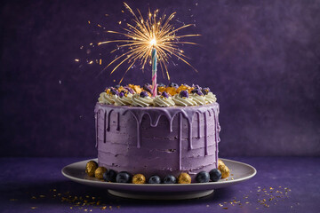 purple birthday cake with candles