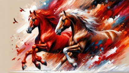 Two vibrant horses emerge with energy from an explosion of abstract colors in this dynamic and expressive artwork.