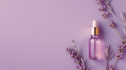 Obraz na płótnie Canvas Essential oil dropper bottle with lavender flowers on a purple surface