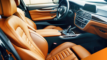 Luxurious car interior with leather seats and modern dashboard