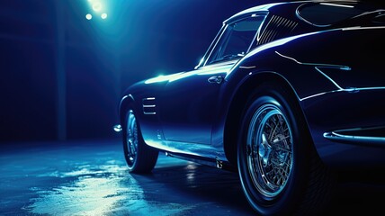 A classic sports car illuminated by dramatic blue lighting - obrazy, fototapety, plakaty
