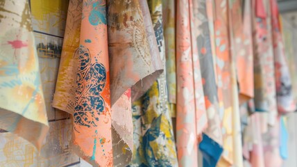 ssorted colorful fabrics hanging, showcasing diverse patterns and textures
