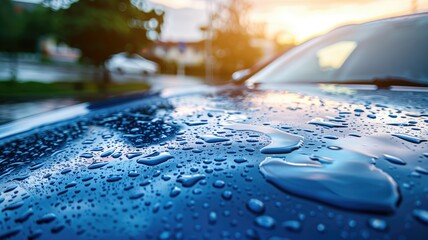 Rain-soaked car with droplets highlighting the sleek lines at sunset - obrazy, fototapety, plakaty