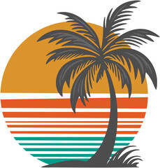 Palm Tree Silhouette, Summer Sun Background, Vector